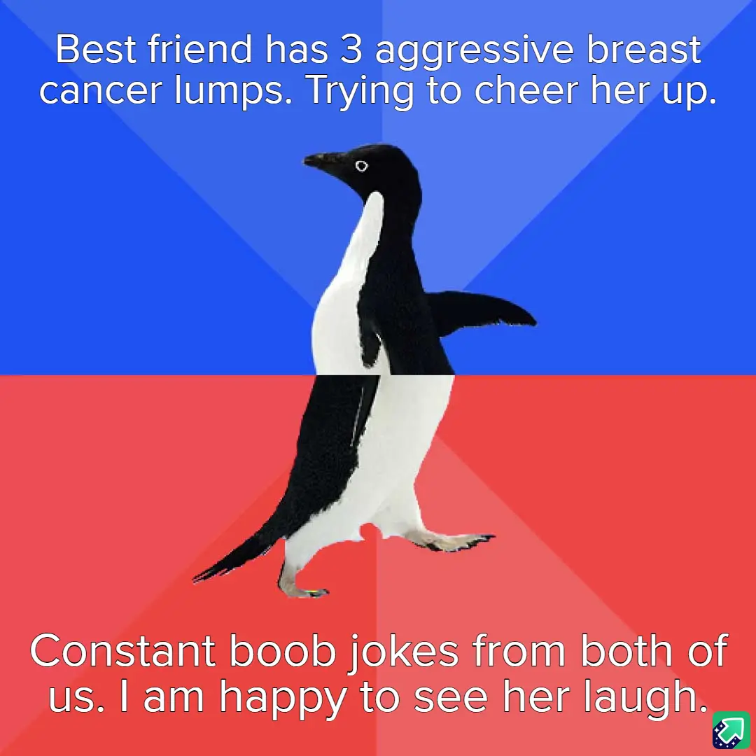 A penguin stands centered against a split blue and red background, with white text overlaid in two sections. The top text…