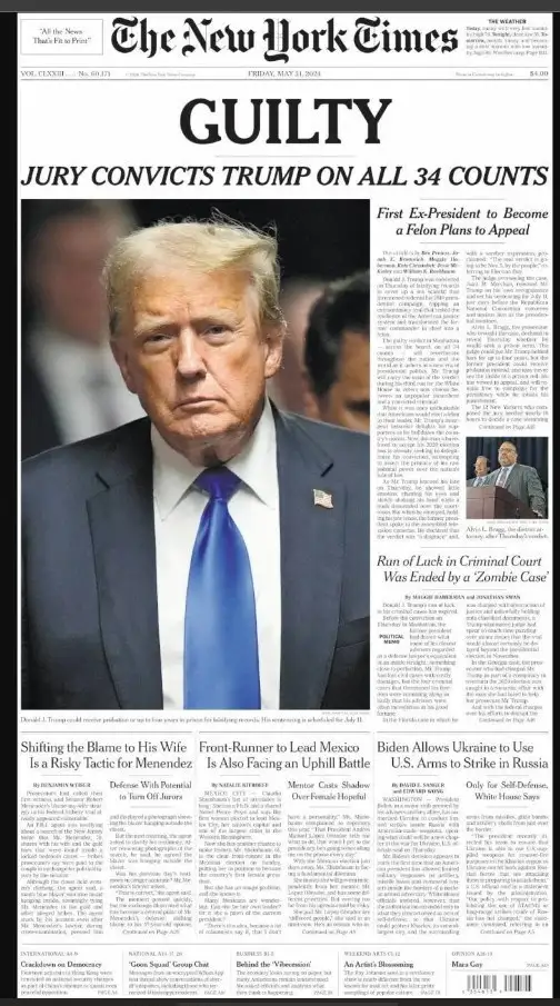 A digitally altered image of The New York Times front page from May 31, 2020, with the headline 'GUILTY JURY CONVICTS TRUMP…