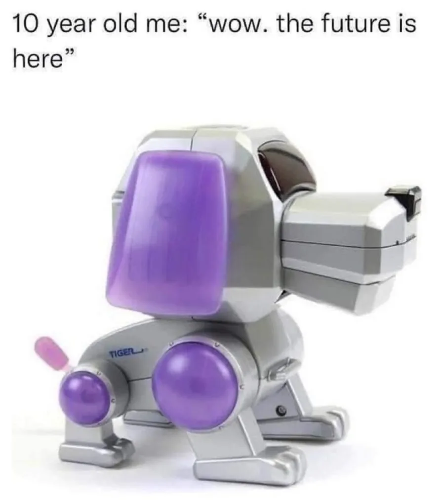 A silver and purple robotic dog toy, branded 'TIGER', is shown against a white background. The toy has a blocky, futuristic…