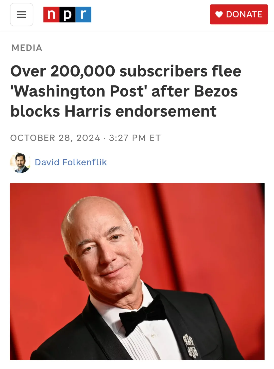 An image of Jeff Bezos in a tuxedo against a red background, overlaid with a headline from NPR Media dated October 28, 2024…