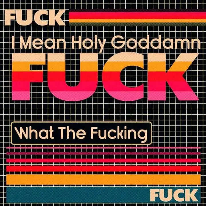 A retro-futuristic graphic with a black grid background and colorful horizontal stripes. The text 'FUCK' appears in large…