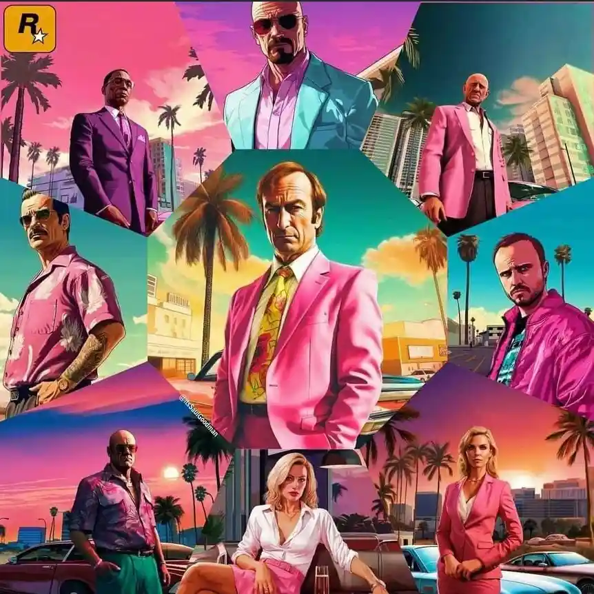 A collage of eight characters from the Grand Theft Auto video game series, each depicted in a stylized, colorful, and…