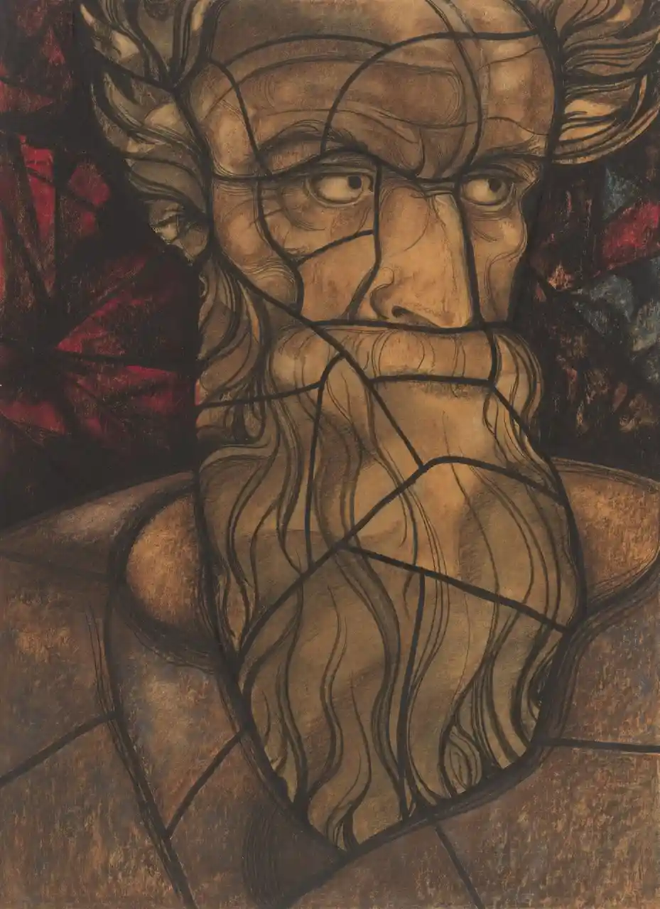 A stained-glass style artwork depicts a stern-faced, bearded man with intense eyes, rendered in earthy browns and reds with…