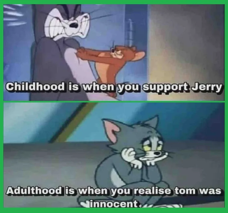 The meme features two panels from the Tom and Jerry cartoon. In the top panel, Jerry the mouse is holding Tom the cat by the…