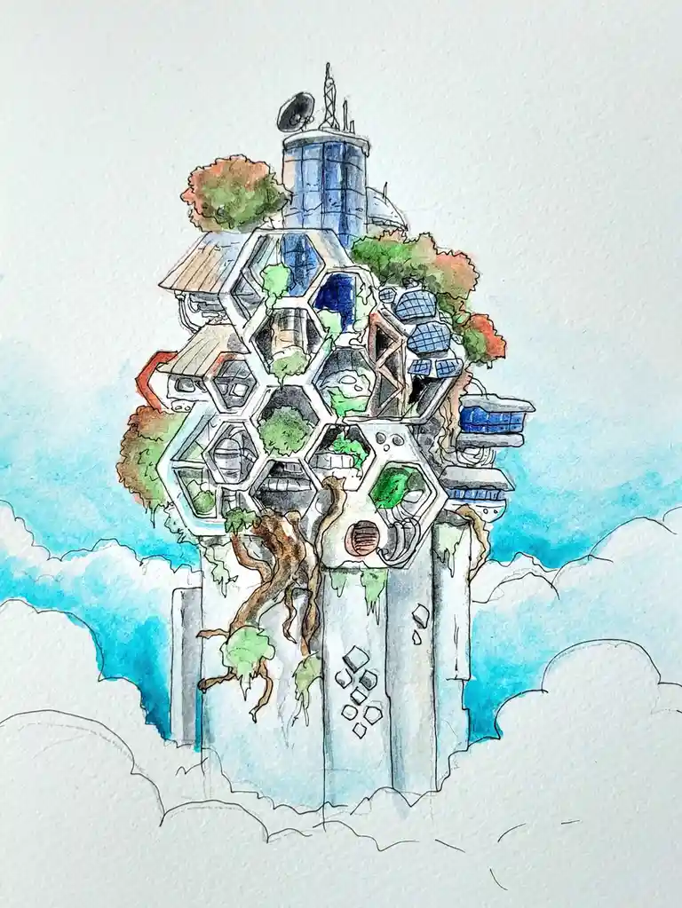 A watercolor drawing depicts a surreal, futuristic structure resembling a tree with hexagonal pods, solar panels, antennas…