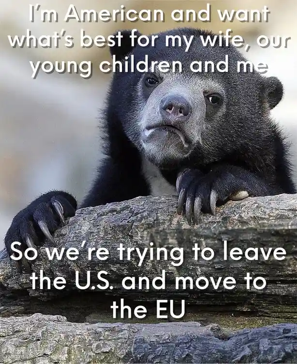 A close-up photo of a sad-looking spectacled bear resting its paws on a log, with white text overlaid in two blocks. The top…