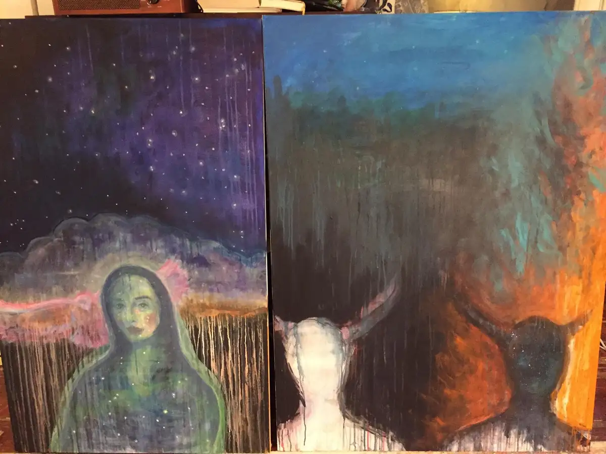 Two side-by-side paintings depict a woman under a starry sky on the left and a bull under a fiery sky on the right, both…