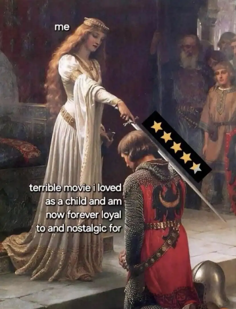 A classical painting depicts a queen in a white gown handing a sword to a kneeling knight in red and chainmail. The sword…