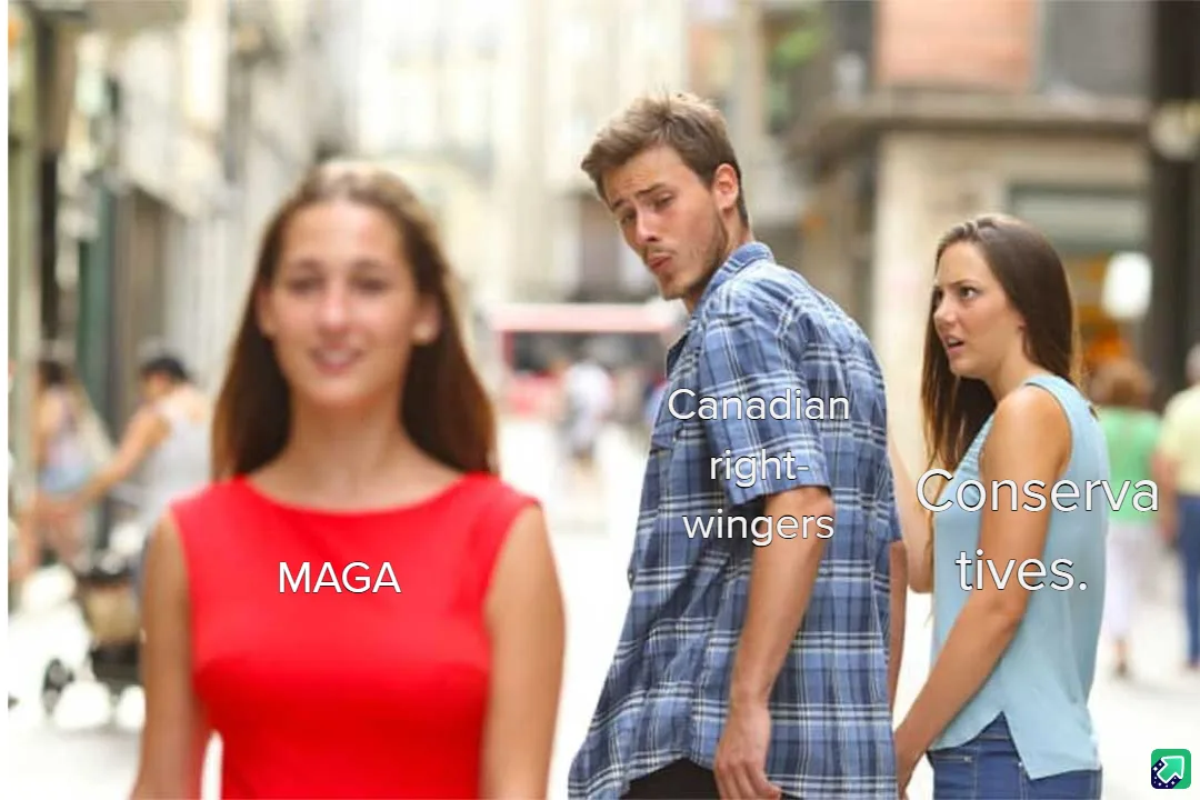 A man in a plaid shirt stands on a street, looking disgustedly at a woman in a red dress labeled 'MAGA' while another woman…