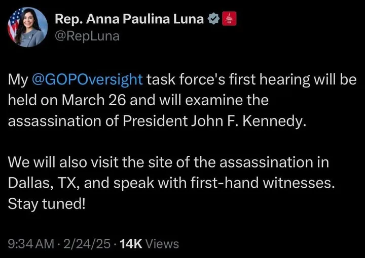 A screenshot of a tweet from Rep. Anna Paulina Luna announcing a congressional oversight task force hearing on the…