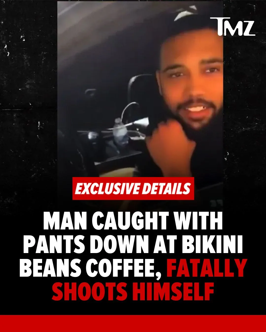 A man is shown in a car, smiling at the camera, with overlaid text from TMZ claiming he was caught with his pants down at…