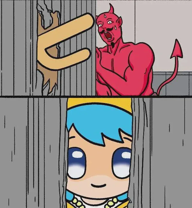 The image is a two-panel comic. The top panel shows a red cartoon devil with horns and a tail, looking panicked behind bars…