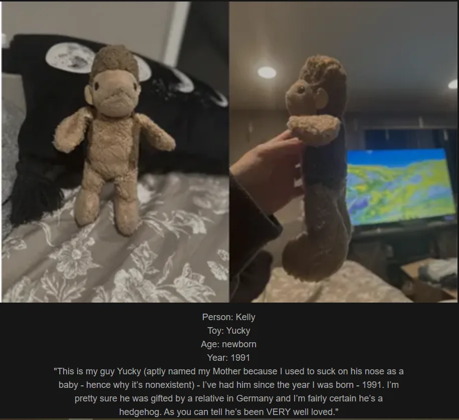 The image shows a split-screen of a worn, brown, fuzzy stuffed monkey toy. On the left, it sits on a floral-patterned…