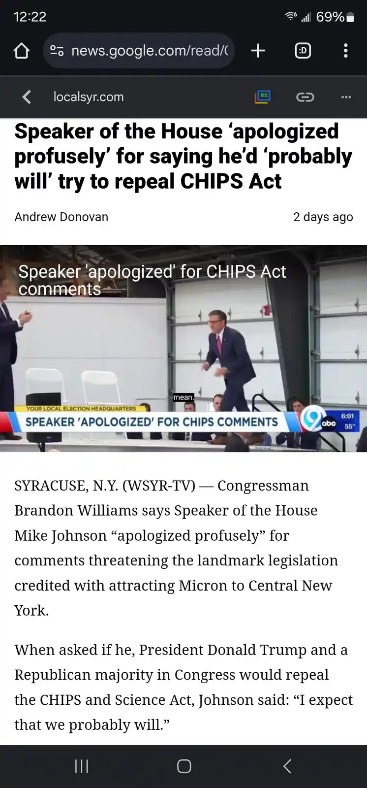 A screenshot of a news article about Speaker of the House Mike Johnson apologizing for comments about the CHIPS Act…