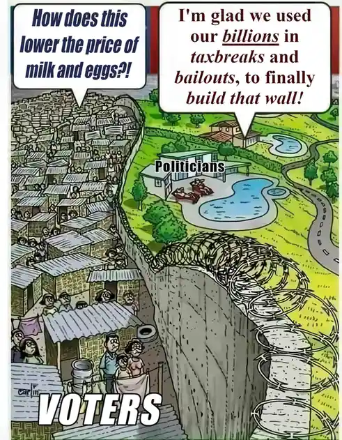 The image shows a stark contrast between two sides of a high, barbed-wire wall. On the left, labeled 'VOTERS', is a crowded…