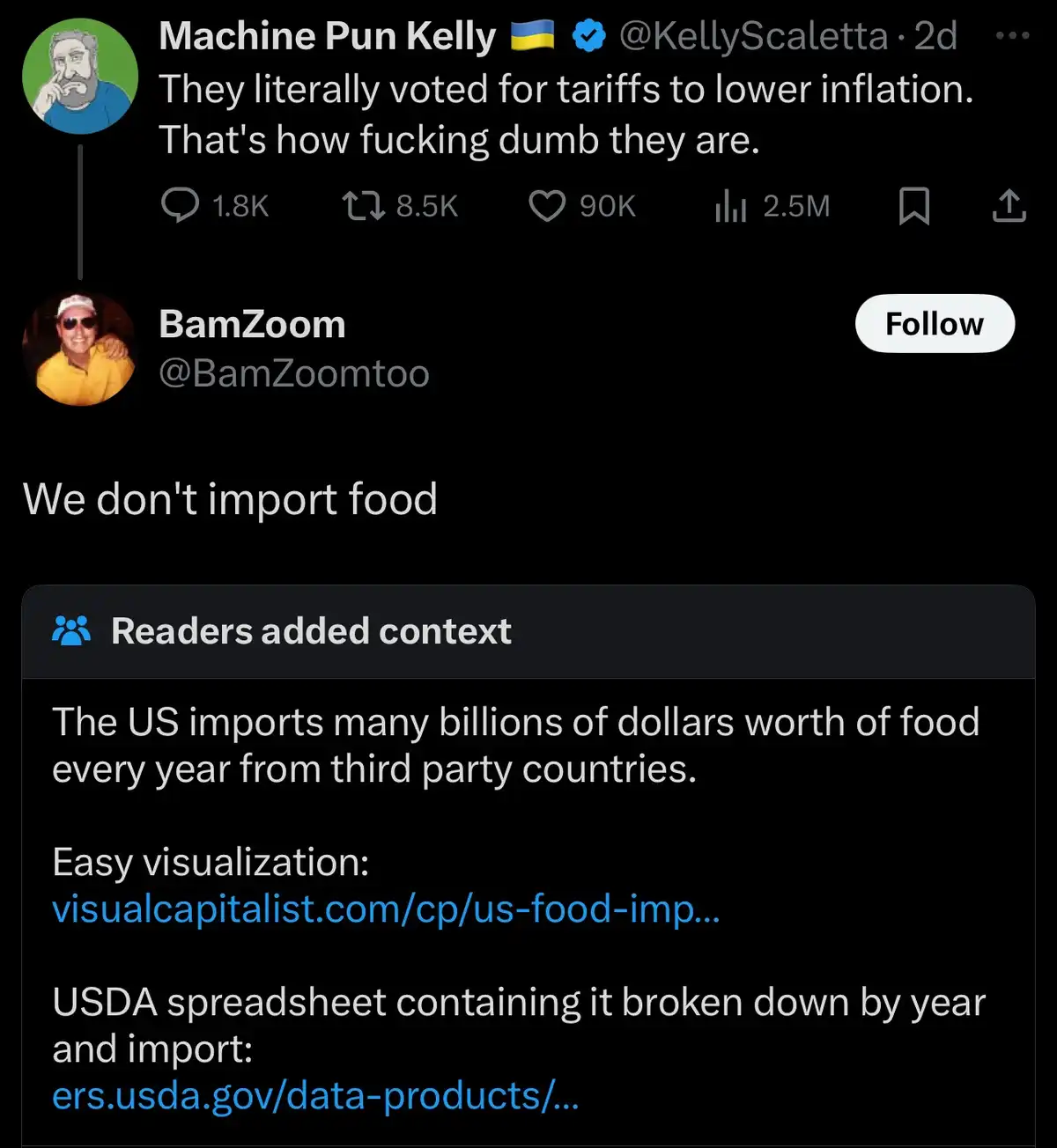 A screenshot of a Twitter thread shows user 'Machine Pun Kelly' claiming voters voted for tariffs to lower inflation…