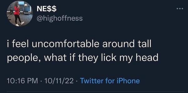 A screenshot of a Twitter post by user NE$$ (@highoffness) showing a person in a red top and black pants standing in a gym…