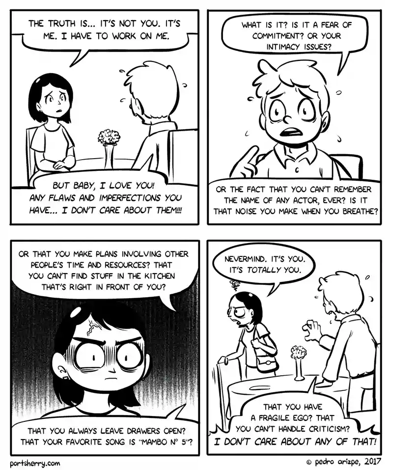 A four-panel black-and-white comic strip depicts a romantic conversation where the woman initially claims the issue is her…