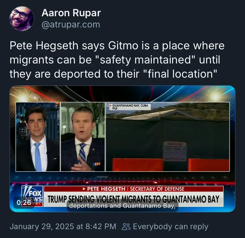 A screenshot of a Fox News broadcast shows two anchors and a split screen with a file footage of Guantanamo Bay, Cuba. The…
