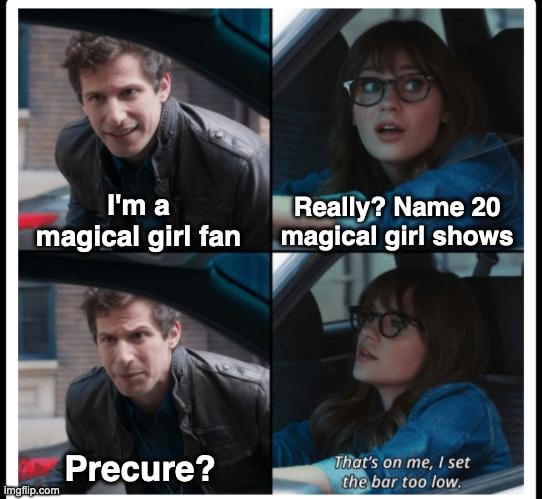 A four-panel meme using scenes from 'The Big Bang Theory' where a man claims to be a magical girl fan, a woman challenges…