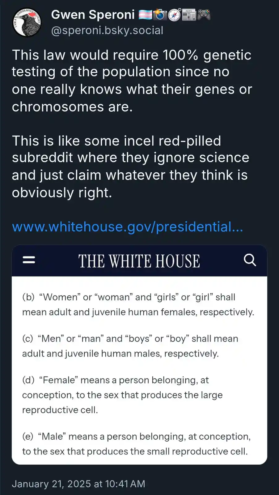 A screenshot of a social media post by Gwen Speroni criticizing a fictional White House law that defines gender based on…