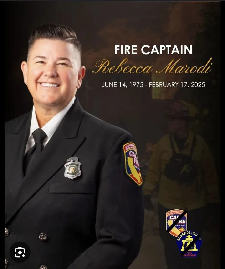A formal portrait of a smiling woman in a dark firefighter's uniform with a badge and CAL FIRE patch, overlaid with text…