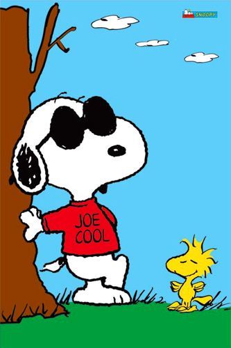 Snoopy, the white beagle wearing black sunglasses and a red t-shirt that reads 'JOE COOL', leans against a tree trunk in a…