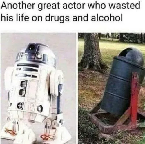 The image is split into two panels: the left shows a white and blue R2-D2 droid, and the right shows a black trash can on a…