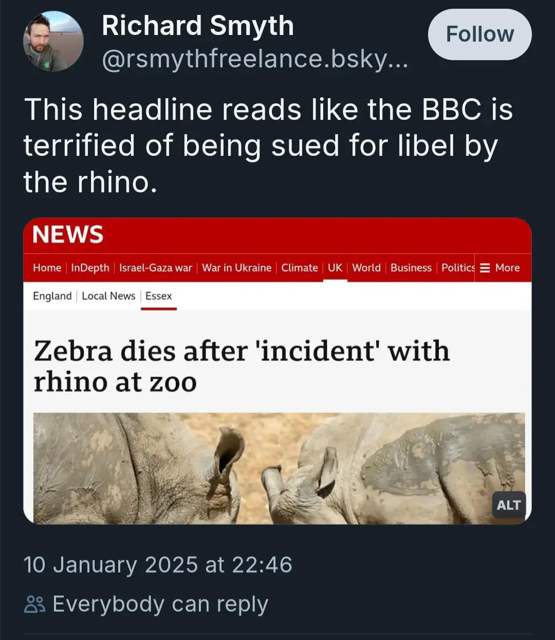 A screenshot of a social media post by Richard Smyth shows a news article headline reading 'Zebra dies after 'incident' with…