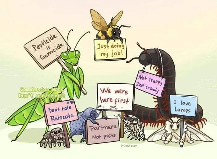 A cartoon illustration of various insects and arthropods holding protest signs against pesticides. A praying mantis holds a…