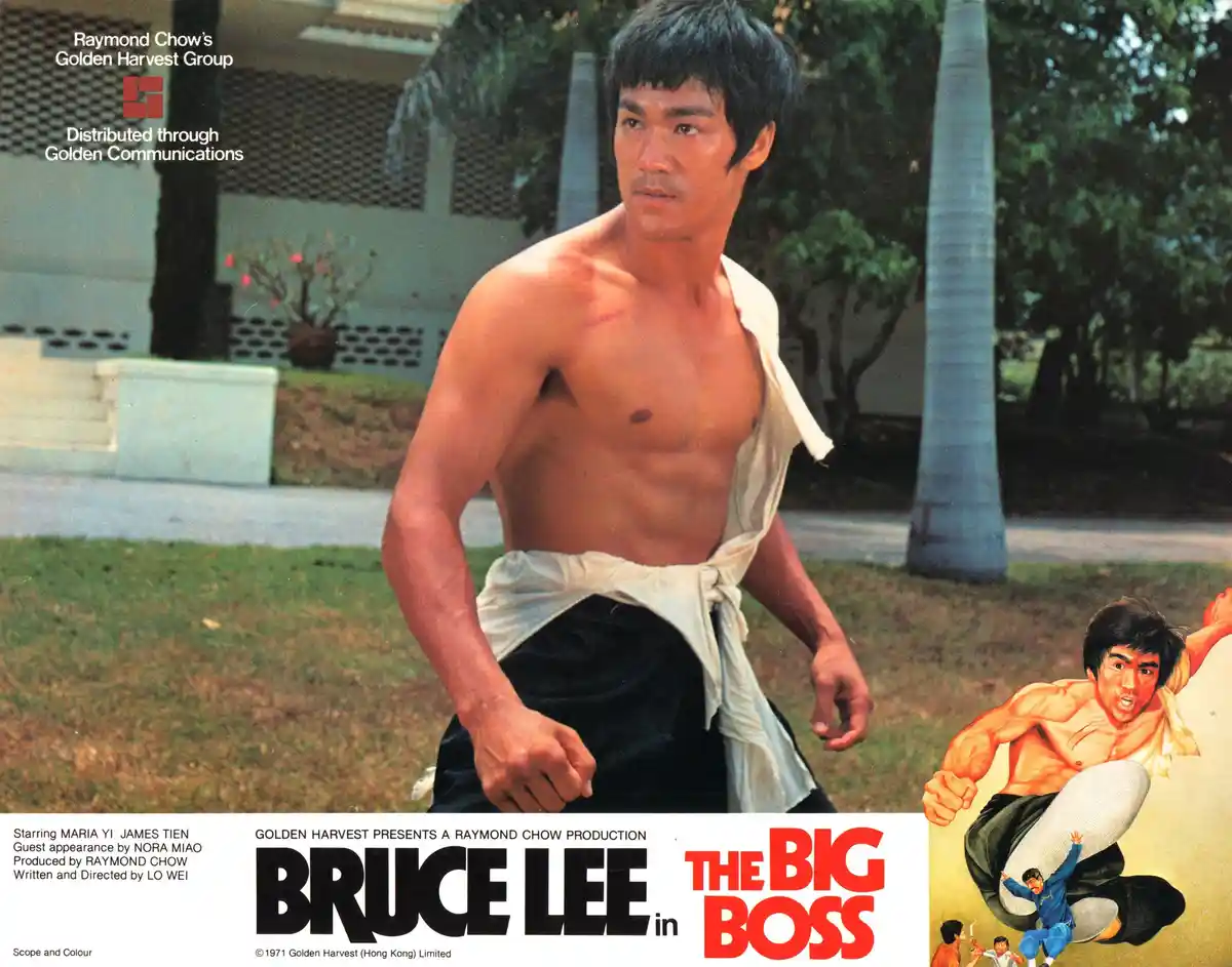 This is a vintage movie poster for Bruce Lee's 1971 film 'The Big Boss,' featuring a shirtless Bruce Lee in a martial arts…