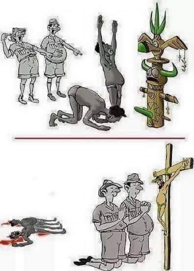 The image is split into two panels. The top panel shows two men in shorts and hats pointing at a person kneeling before a…