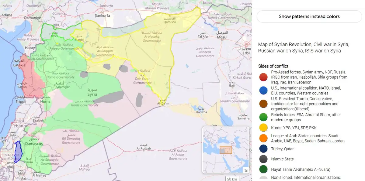 A detailed political map of Syria showing territorial control by various factions during the Syrian civil war, with…