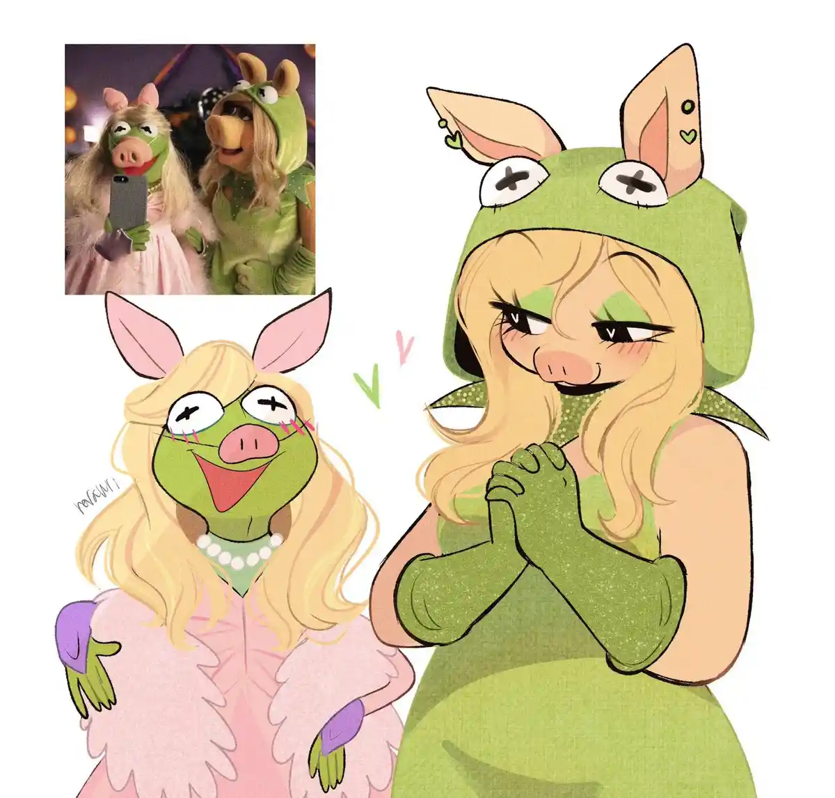 The image shows two illustrated characters resembling Miss Piggy and Fozzie Bear from The Muppets, both dressed in…