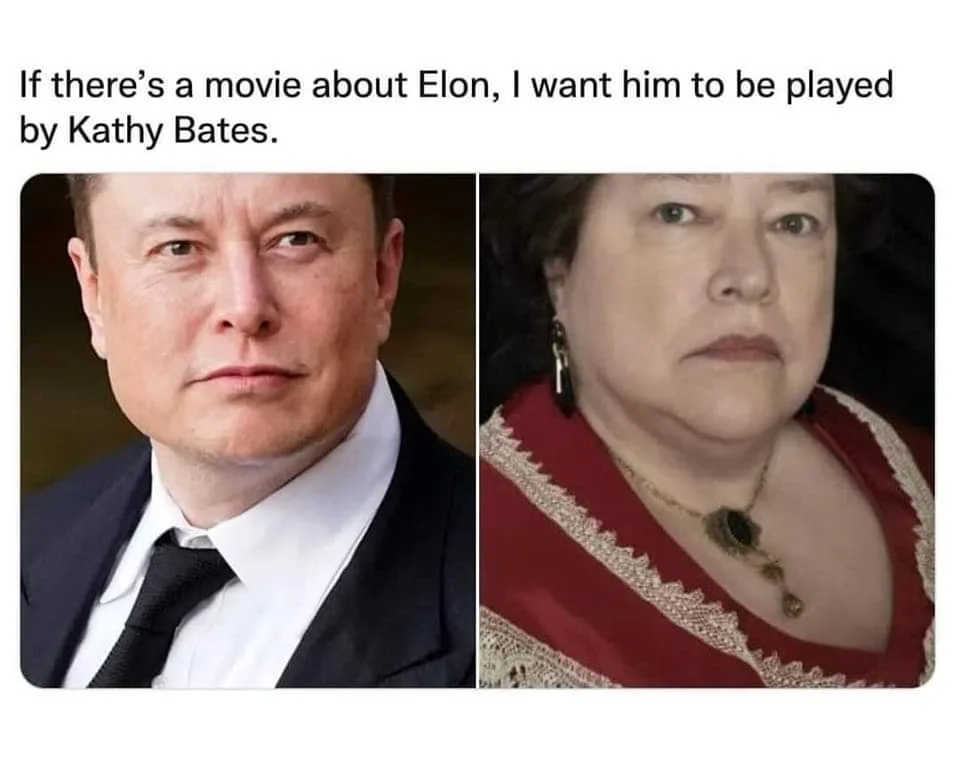 The image displays two side-by-side headshots: on the left, Elon Musk in a dark suit and tie with a serious expression; on…