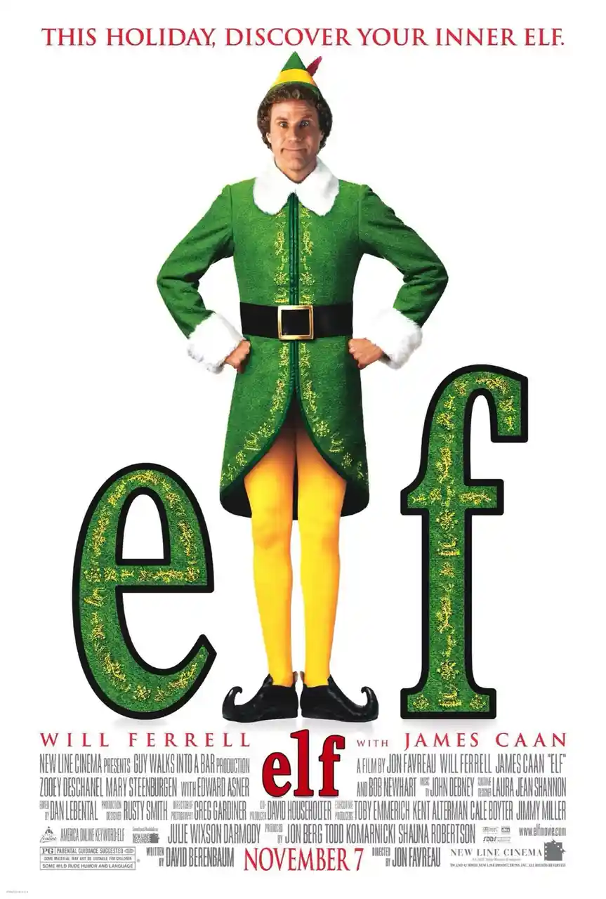 A promotional movie poster for the film 'Elf' featuring actor Will Ferrell in a full elf costume with a green jacket, yellow…