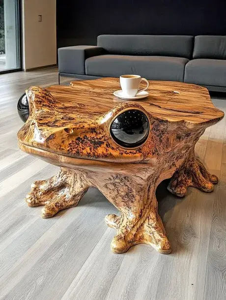 a coffee table shaped like a frog, crafted from wood with a glossy finish, features a large black circular eye on its head…