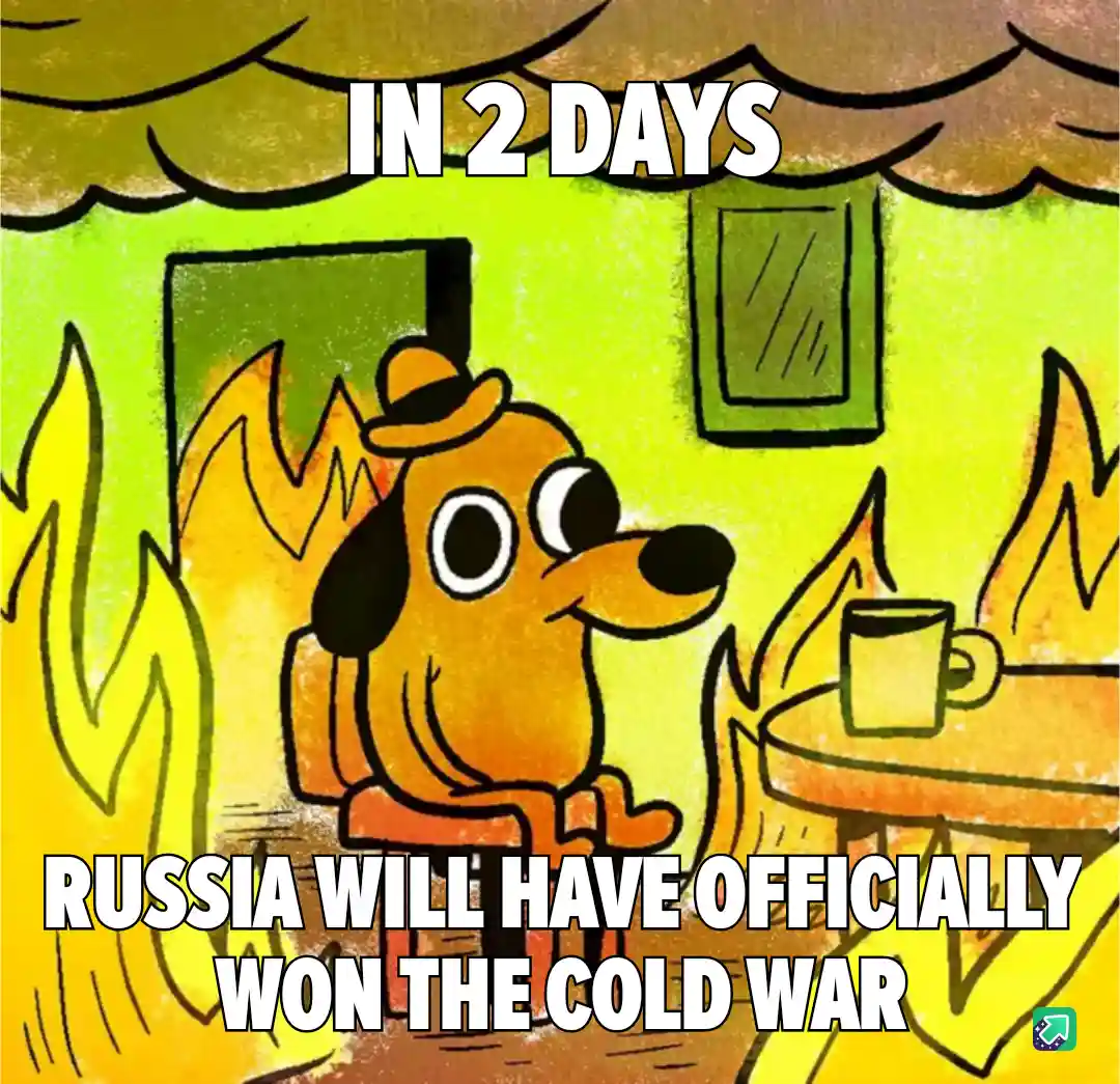 A cartoon dog wearing a hat sits calmly in a room engulfed in flames, sipping from a mug. The text overlaid on the image…