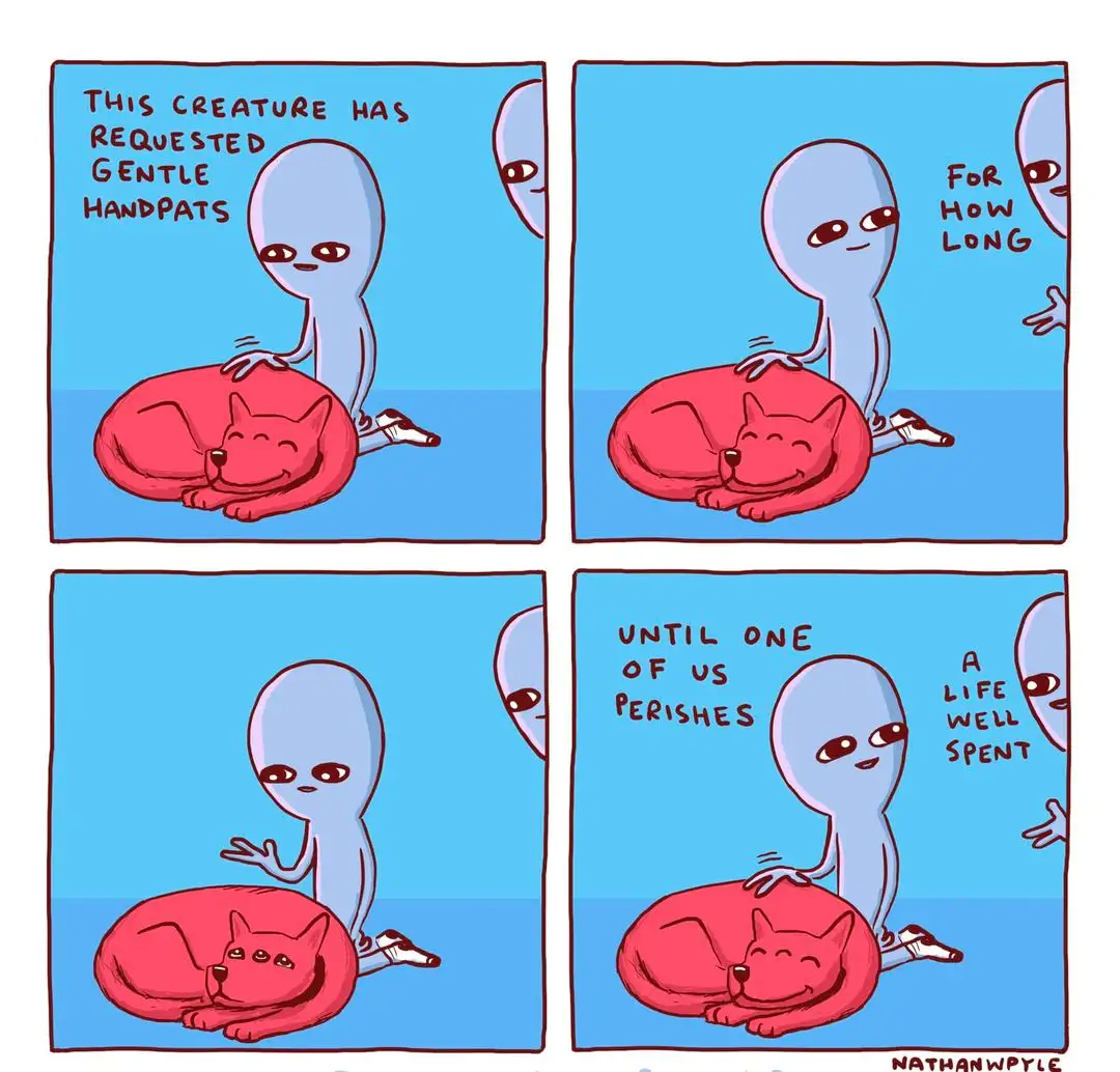 A four-panel comic shows a blue alien gently petting a sleeping red dog. In the first panel, the alien says the creature…