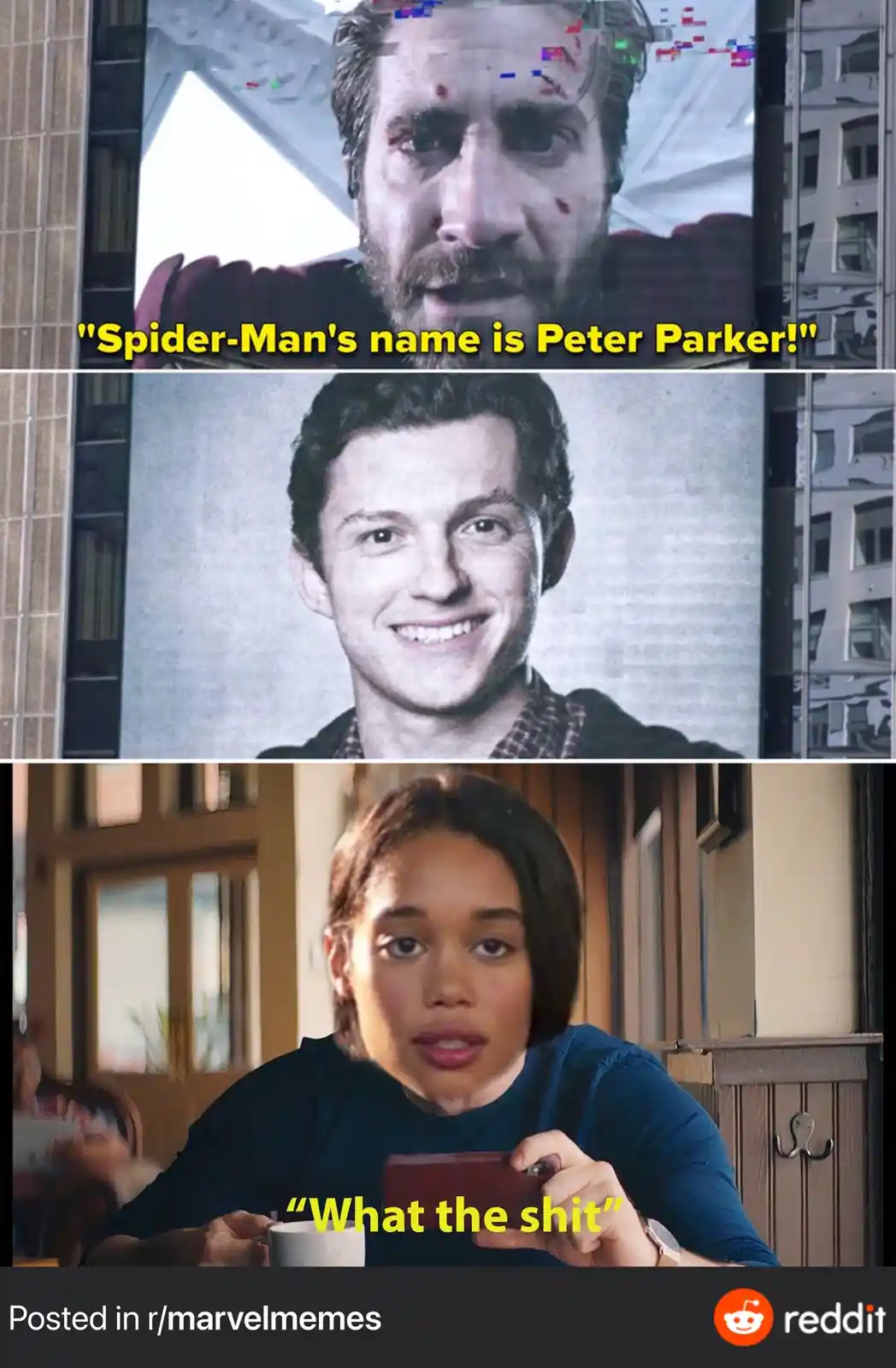 The image is a three-panel meme. The top panel shows a bruised and bloody Jake Gyllenhaal with text saying "Spider-Man's…