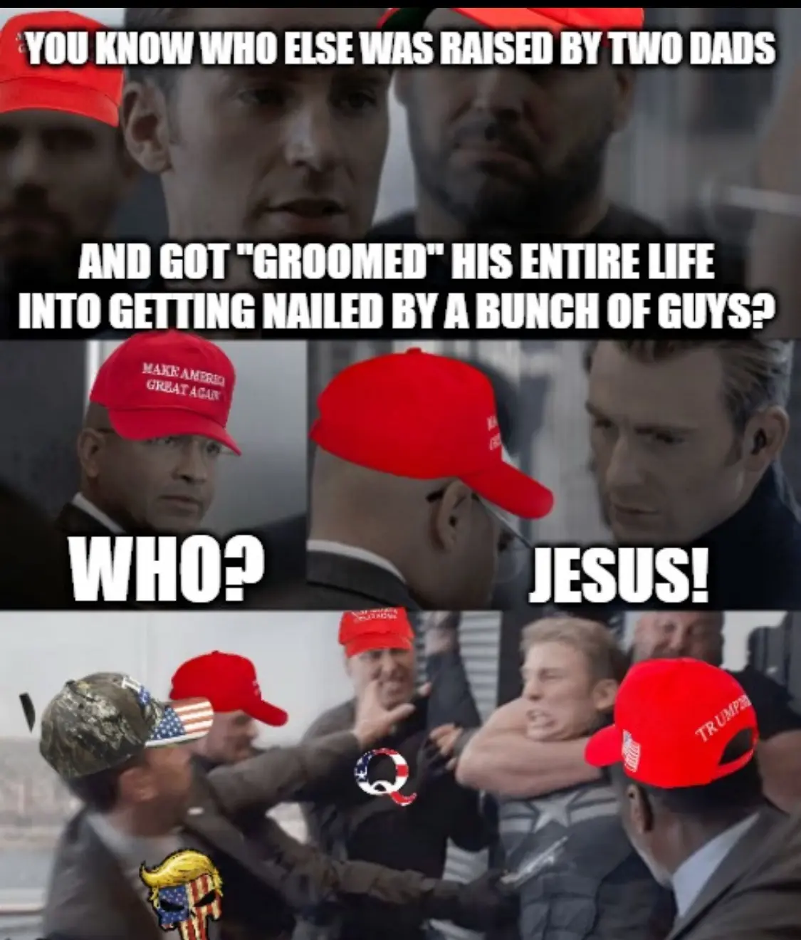 The meme uses a three-panel format from the movie 'Captain America: Civil War' featuring Chris Evans as Captain America. In…