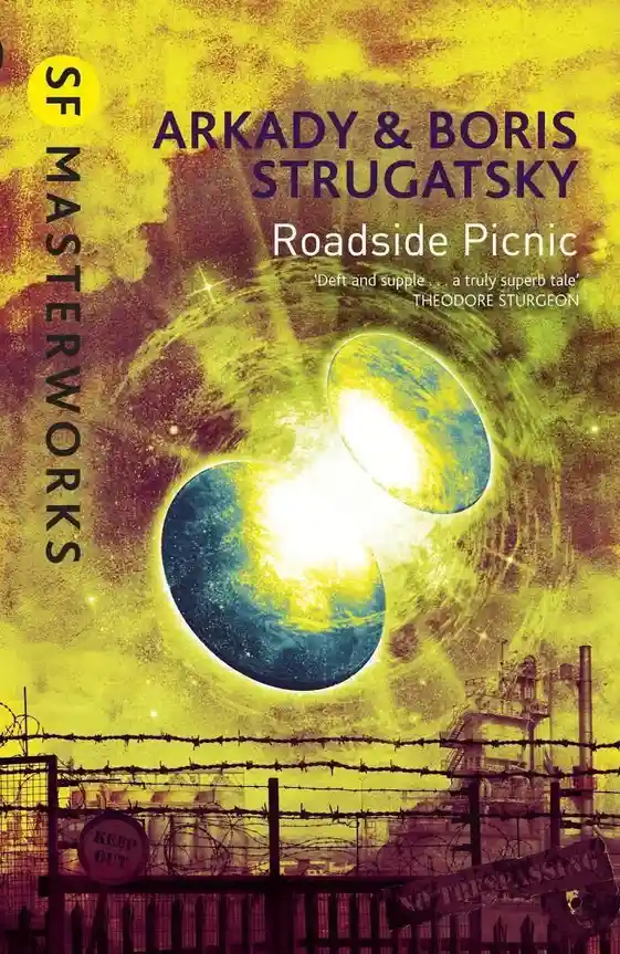 The image is a book cover for 'Roadside Picnic' by Arkady & Boris Strugatsky, featuring two glowing, surreal planets in a…