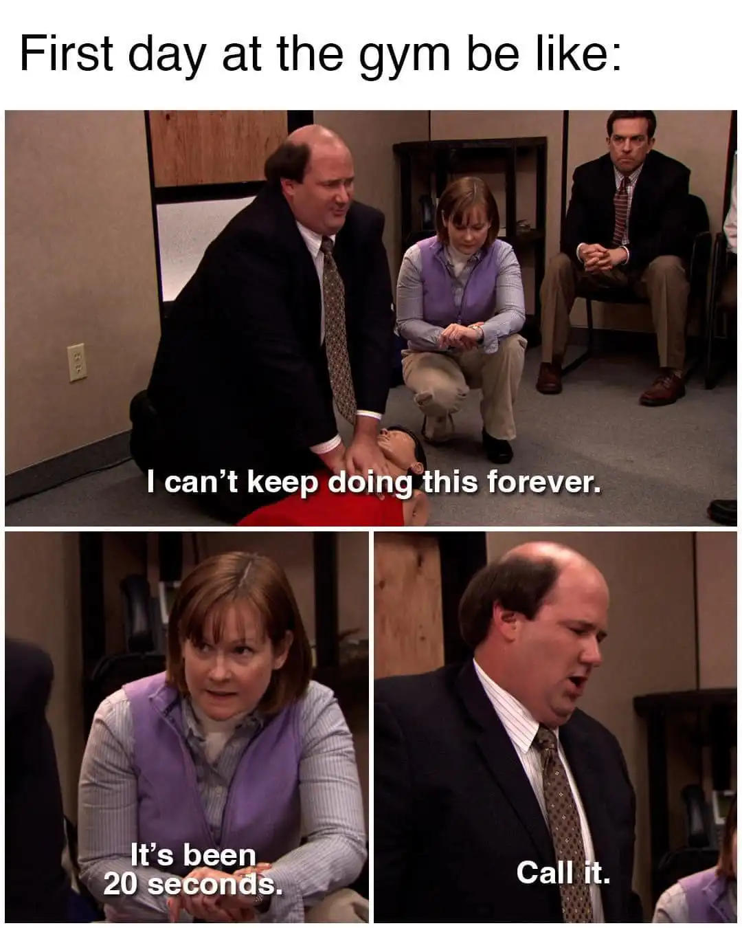 The meme uses a three-panel image from 'The Office' showing Jim Halpert performing CPR on a mannequin while Pam Beesly…