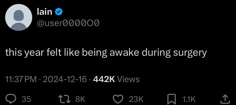 A screenshot of a tweet from a user named 'lain' with a verified blue checkmark, showing the text 'this year felt like being…