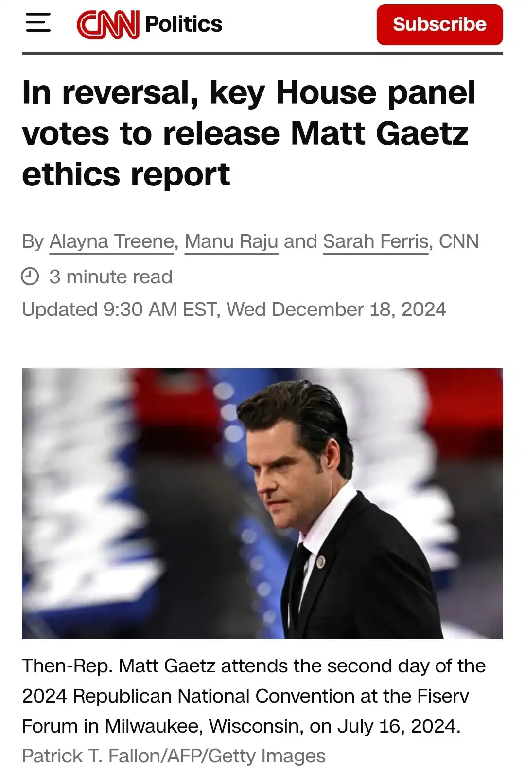 A screenshot of a CNN Politics article headline announcing a reversal in which a key House panel voted to release Matt…