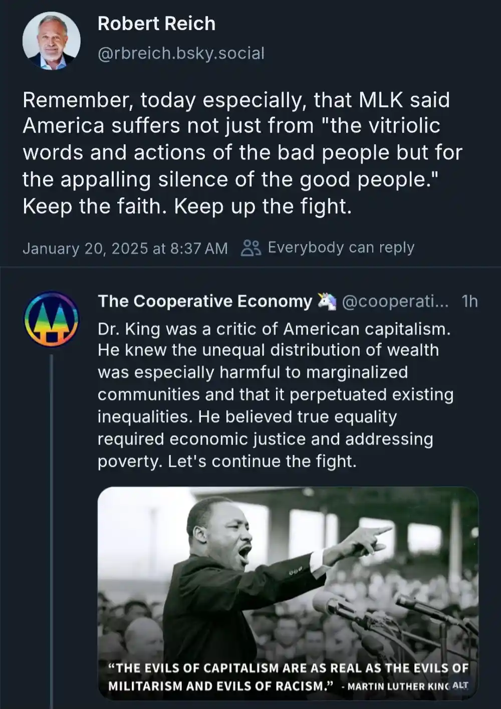 A screenshot of a social media thread shows a post by Robert Reich quoting Martin Luther King Jr. about the silence of good…