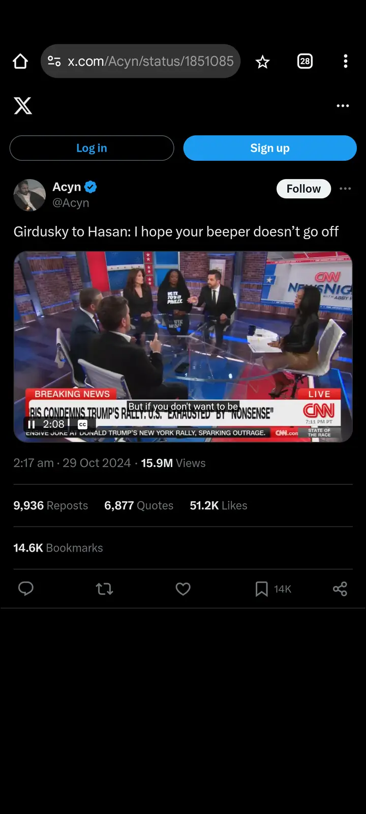 A screenshot of a tweet by user Acyn showing a CNN News Night clip where a man in a suit is speaking to a group of…