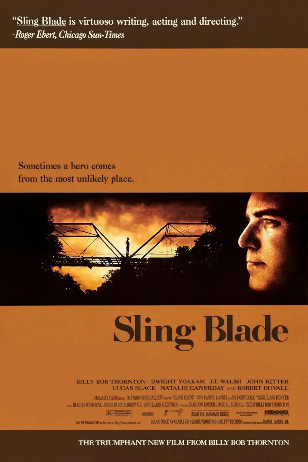 This is a movie poster for 'Sling Blade,' featuring a silhouette of a person standing on a bridge against a fiery sky, with…