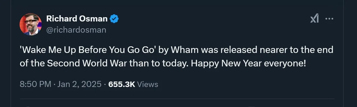 A screenshot of a tweet by Richard Osman, who is shown with glasses and a beard in his profile picture. The tweet text…