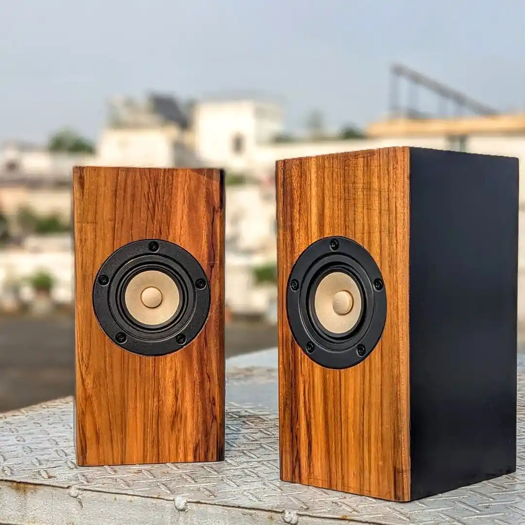 Two wooden-finished bookshelf speakers with black and beige drivers sit side by side on a metal surface, with a blurred…